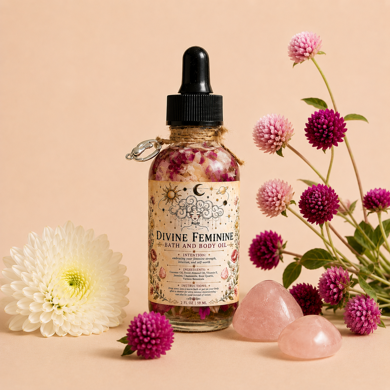 Divine Feminine Bath and Body Oil bottle styled with pink flowers and rose quartz crystals on a beige background.