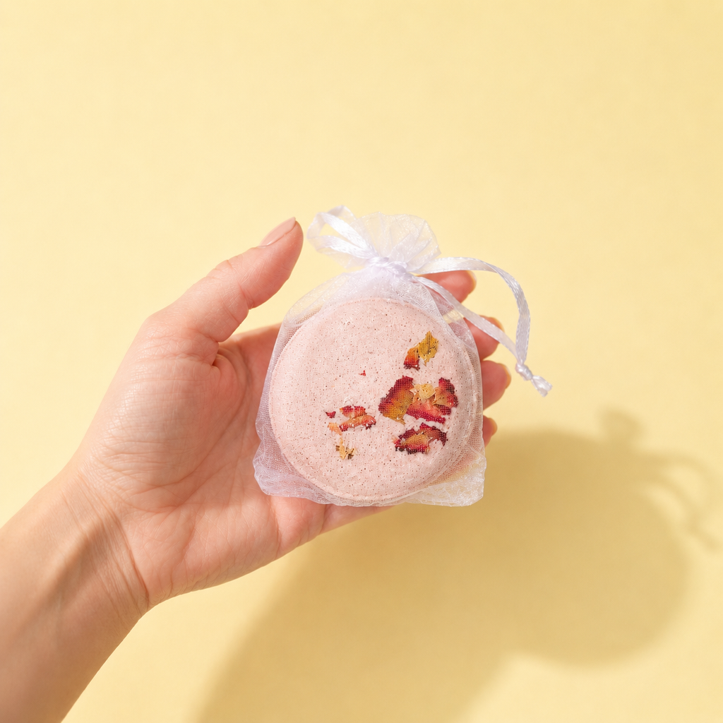 A hand holding a Joy bath bomb in its mesh drawstring bag on a yellow background.
