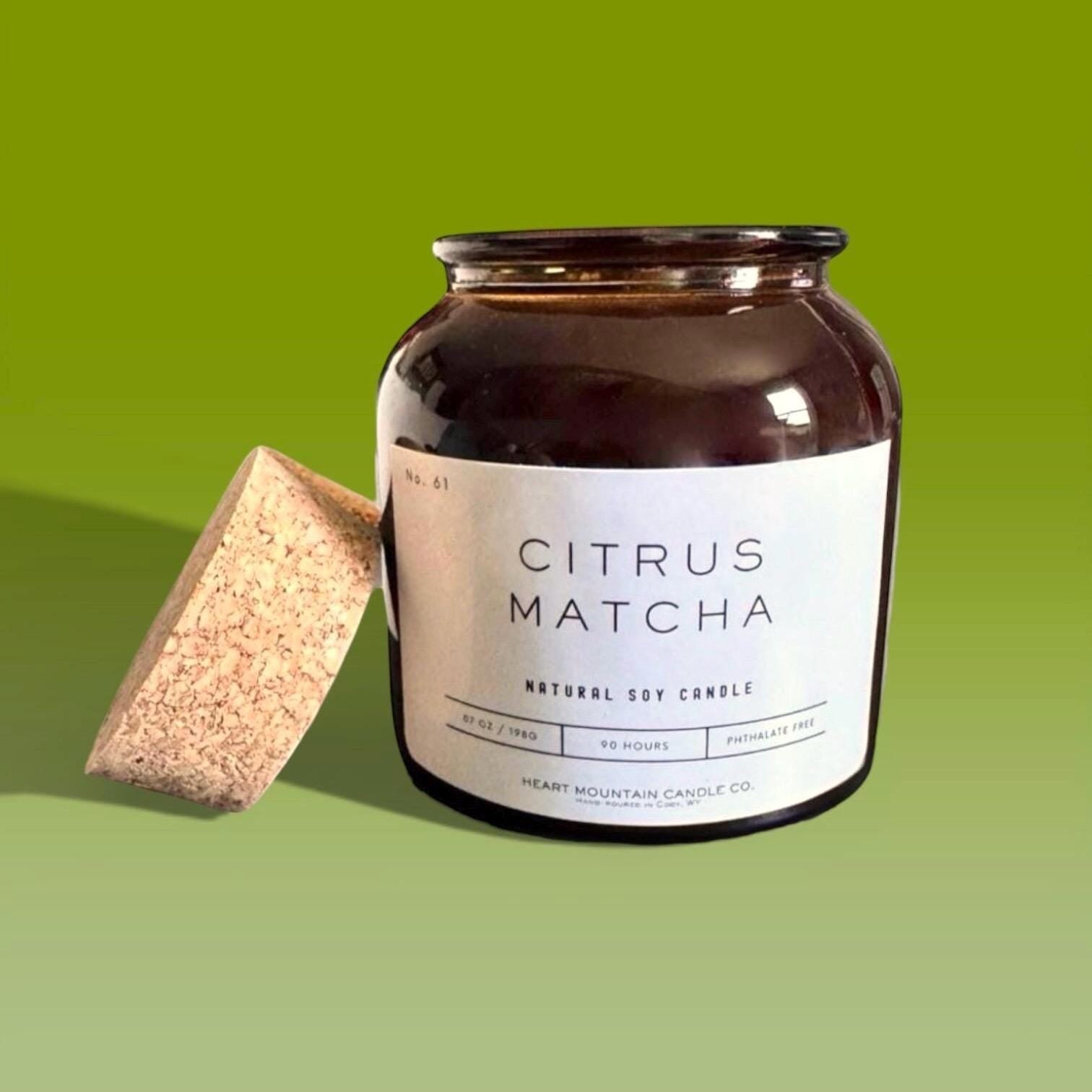 Hand-poured Citrus Matcha soy candle in amber jar with green tea, matcha, and sandalwood notes clean burning aromatherapy candle for mindful home self-care 7 oz 90 hours