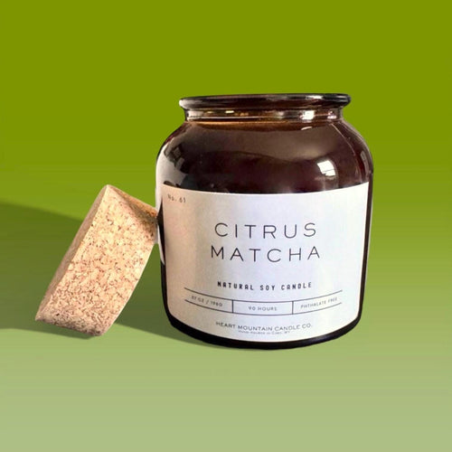 Hand-poured Citrus Matcha soy candle in amber jar with green tea, matcha, and sandalwood notes clean burning aromatherapy candle for mindful home self-care 7 oz 90 hours