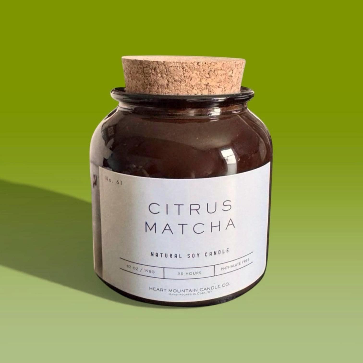 Citrus Matcha hand-poured soy candle in amber glass jar with citrus and tea-inspired fragrance clean burning wellness candle gift for tea lovers 7 oz 90 hours calming aroma