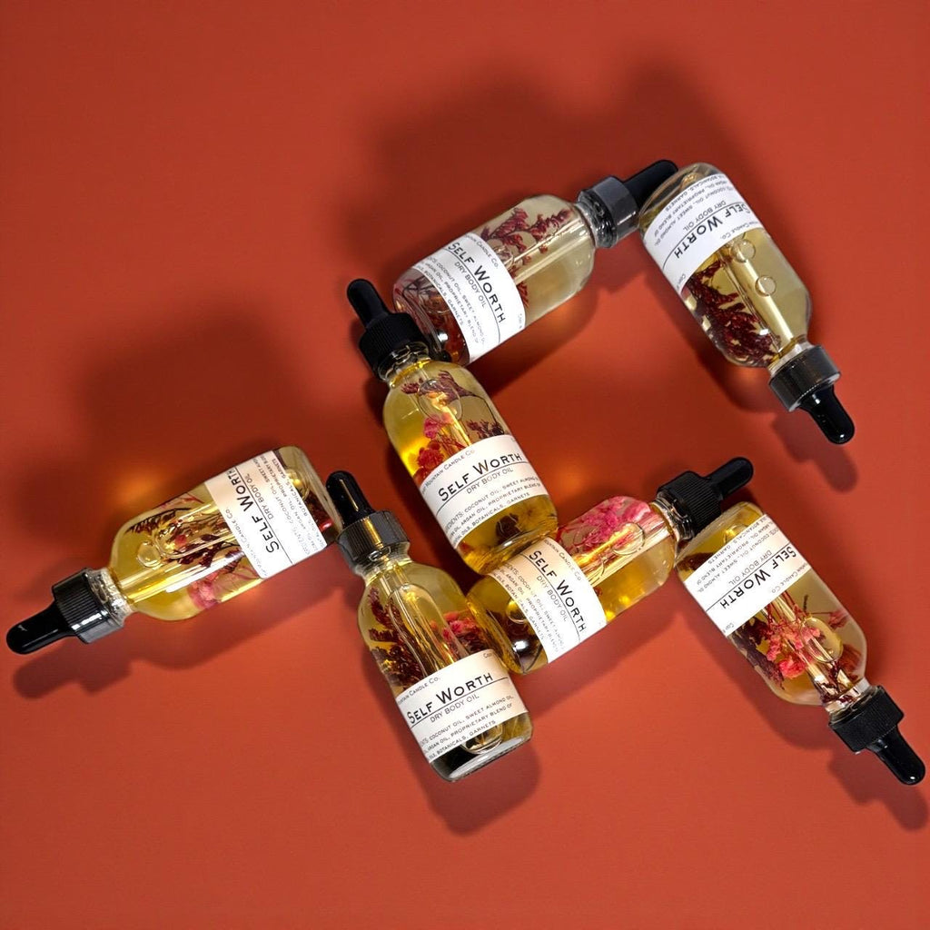 self-worth body oil sympathy gift thinking of you gift encouragement gift get well soon gift client appreciation gift appreciation gift spa gift wellness gift grounding body oil non-greasy body oil botanical oil crystal infused skincare hydrating dry body oil luxury skincare smooth skin body oil handcrafted body oil intentional living gift luxury wellness product emotional support gift