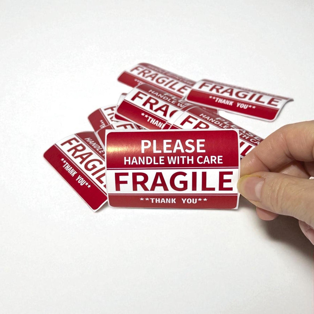 red and white fragile shipping labels handle with care adhesive stickers for mailing packages shipping boxes moving supplies storage organization packing labels 3x2 inch permanent adhesive high contrast warning labels easy to apply clean peel liner compatible with cardboard poly mailers bubble mailers small business