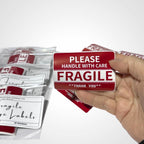 handle with care fragile labels red and white shipping stickers packaging adhesive labels for mailing boxes small business shipping supplies 3x2 inch durable water resistant fade resistant bright warning stickers improves visibility apply away from barcodes and seams ideal for fulfillment centers moving day and warehouse use