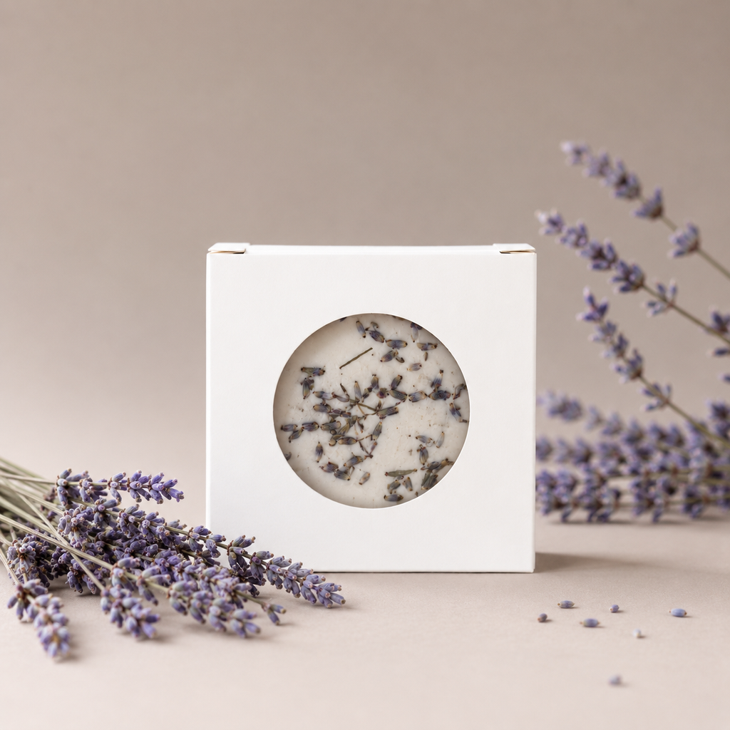 A boxed Unwind bath bomb styled with fresh lavender sprigs on a tan background.