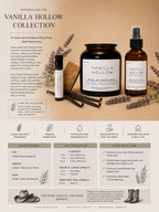 Vanilla Hollow Collection infographic with candle, rollerball, and spray bottle, lavender sprigs, and product details.