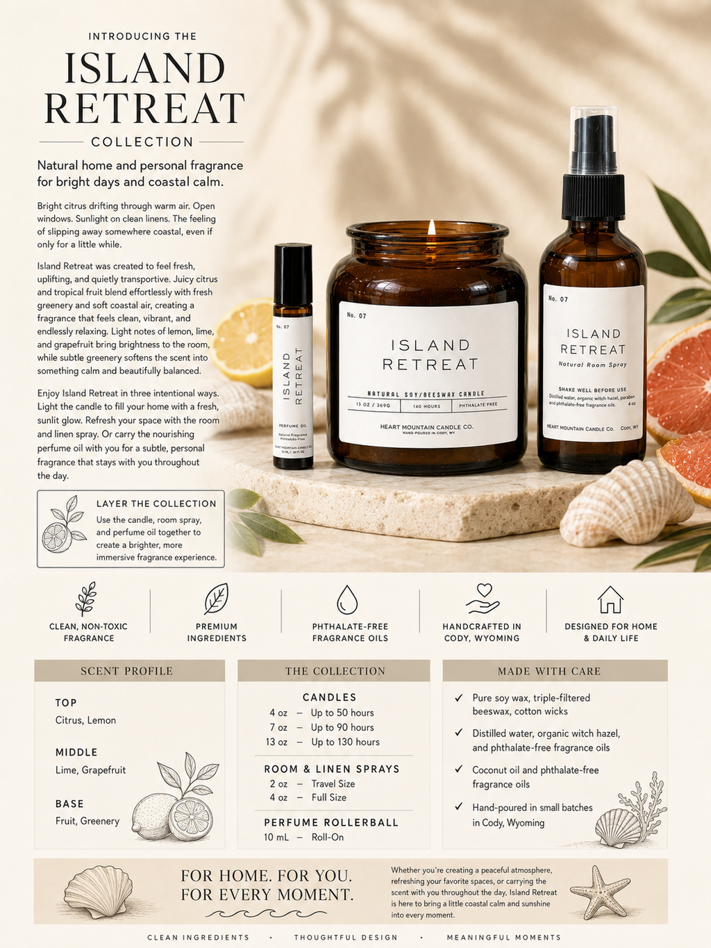 Infographic introducing the Island Retreat collection of candle, room spray, and rollerball.
