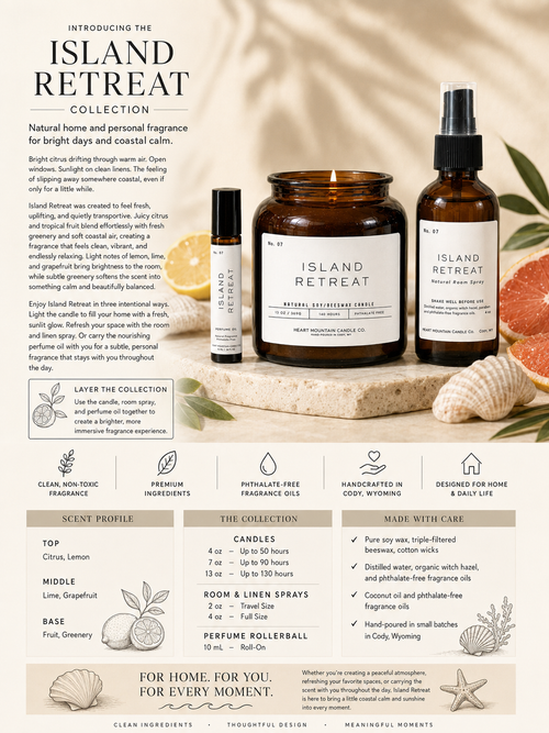 Infographic introducing the Island Retreat collection of candle, room spray, and rollerball.