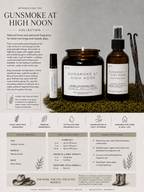 Infographic introducing the Gunsmoke at High Noon collection of candles, room spray, and rollerball.