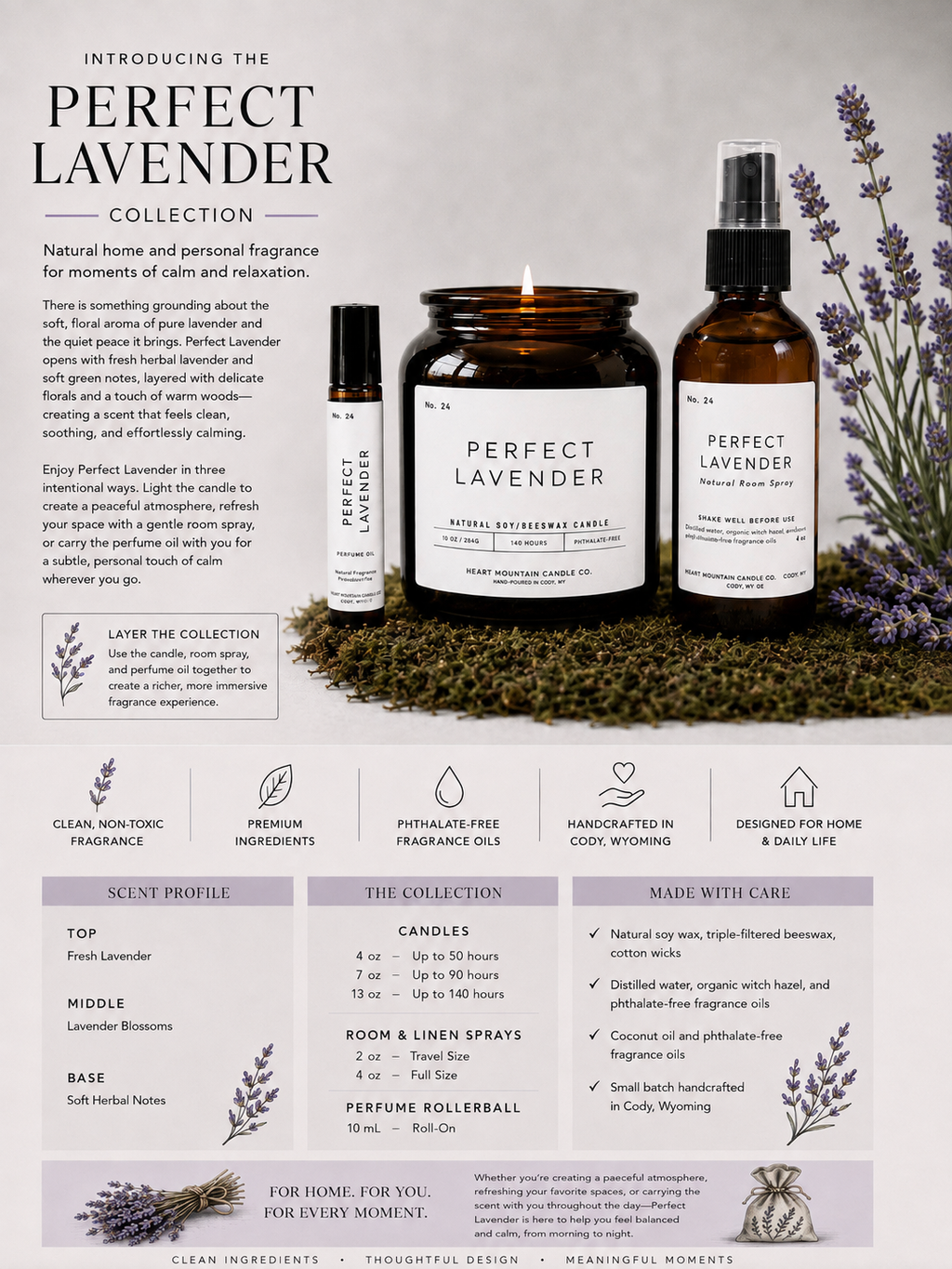 Infographic introducing the Perfect Lavender collection of candle, room spray, and rollerball.