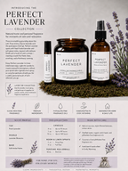 Infographic introducing the Perfect Lavender collection of candle, room spray, and rollerball.
