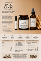 Infographic introducing the Palo Santo collection of candle, room spray, and rollerball.