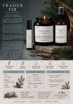 Frasier Fir Collection infographic with candle, oil, and spray bottle, pinecones, and product details.