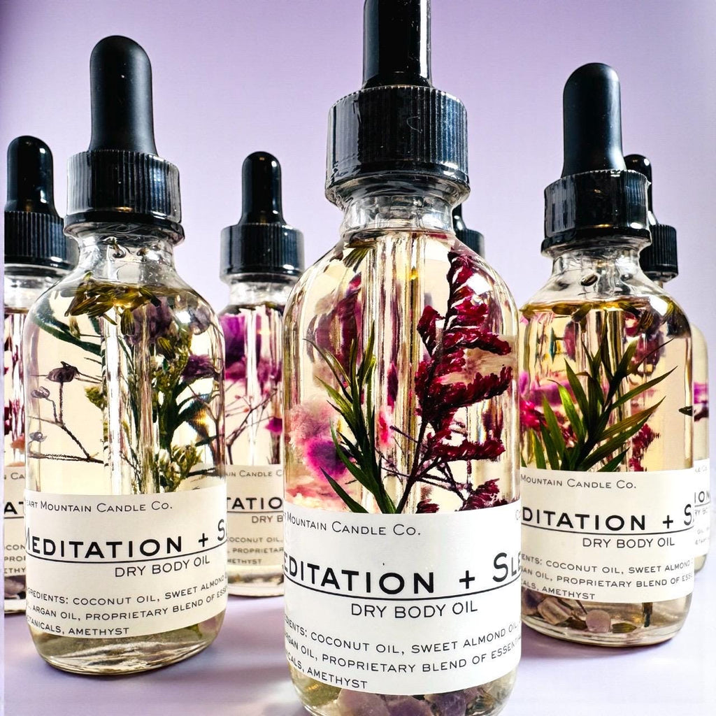 Meditation and sleep amethyst infused body oil crystal infused manifestation body oil intentional dry body oil organic skincare body oil natural skincare oil clean beauty skincare healthier skincare option moisturizing body oil nourishing skin oil calming bedtime ritual oil energy alignment body oil spiritual self-care oil handmade organic skincare birthday gift self-care gift housewarming gift mothers day gift valentines gift christmas gift wedding gift hostess gift