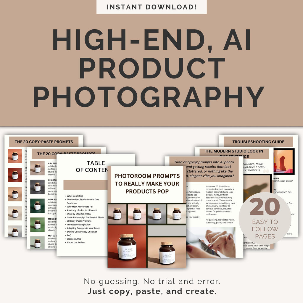 Product photography prompts for PhotoRoom ebook ecommerce product photography guide digital download product photography prompts for ecommerce sellers etsy product photography guide online shop product photography tips product listing photo prompts ai product photography prompts product photography background ideas ecommerce product photography tutorial small business product photography guide product photography lighting tips product photography styling guide