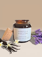 Hand-poured Vanilla Hollow soy candle in amber jar with vanilla, lavender, smoky wood, and musk notes clean burning luxury candle for gift giving, cozy home ambiance, and self-care rituals