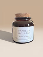 Vanilla Hollow hand-poured soy candle in reusable amber glass jar with vanilla and lavender fragrance clean burning candle for home decor, relaxation, or thoughtful gifts