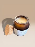 Amber jar hand-poured Vanilla Hollow soy candle with warm vanilla, floral lavender, and woodsy musk aroma clean burning luxury candle for peaceful self-care and cozy spaces