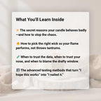 advanced candle making guide ebook teaching how to test candles properly build a candle lab notebook understand hot throw and cold throw fix tunneling frosting sinkholes and soot learn wick selection and wax performance for soy candles and blended waxes candle making digital download for home crafters
