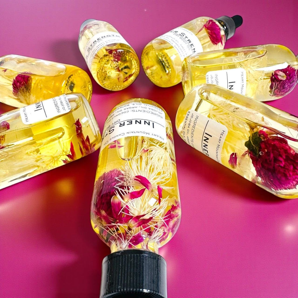 inner strength dry body oil bridesmaid gift bridal shower gift wedding gift anniversary gift engagement gift housewarming gift hostess gift new home gift luxury spa oil citrus body oil grounding skincare non-toxic body oil hydrating dry oil sweet orange lemon body oil spa inspired skincare crystal infused body oil elegant wellness gift handcrafted botanical skincare smooth glowing skin