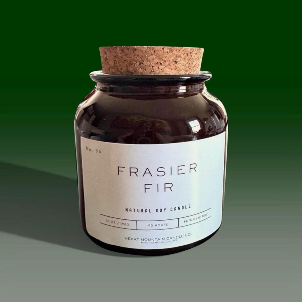 Amber jar soy candle with fresh Frasier Fir evergreen top notes and soft cedarwood base clean burning luxury candle for gift for her or him cozy winter cabin home decor soothing aromatic fragrance