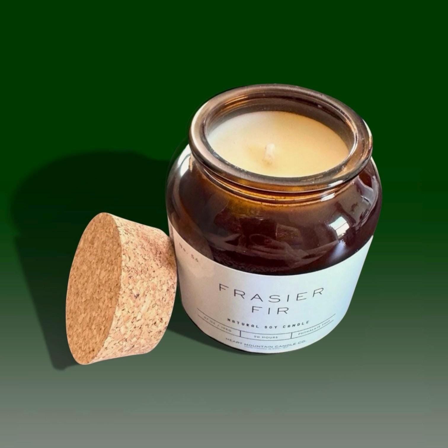 Amber jar soy candle with Frasier Fir pine and cedarwood top notes and warm evergreen base clean burning luxury candle for gift for her or him cozy winter home cabin decor relaxing aromatic fragrance