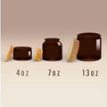 Size comparison chart showing empty candle jars in 4oz, 7oz, and 13oz sizes.