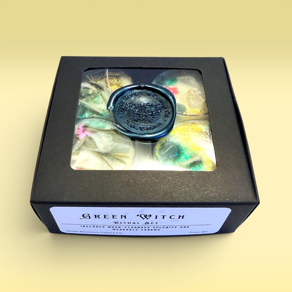 herbal ritual candles tea lights green witch candles spiritual cleansing candles self-care ritual candles grounding candles nature inspired aesthetic tea light candles clean burning wax cozy glow calming atmosphere with selenite crystal and wearable charm for meditation journaling relaxation mindful rituals