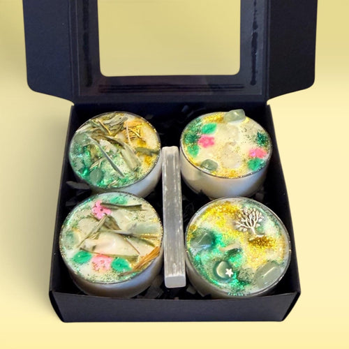 green witch candles tea lights herbal ritual candles spiritual cleansing candles self-care ritual candles grounding candles clean burning wax soft cozy glow calming atmosphere with selenite crystal and charm for meditation journaling relaxation daily rituals peaceful decor