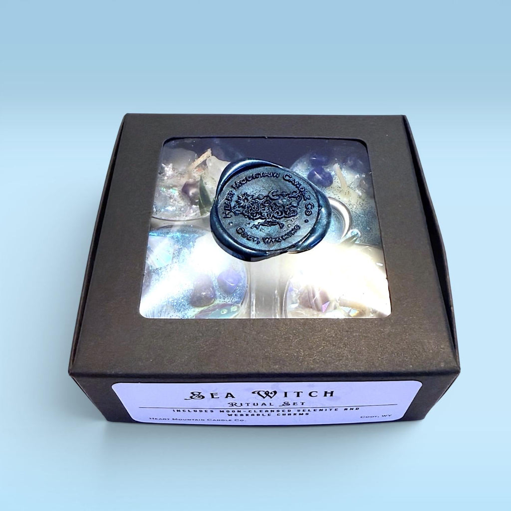coastal candles tea lights ocean ritual candles spiritual cleansing candles self-care ritual candles grounding candles clean burning wax soft cozy glow calming atmosphere with selenite crystal and charm for meditation journaling relaxation daily routines peaceful decor