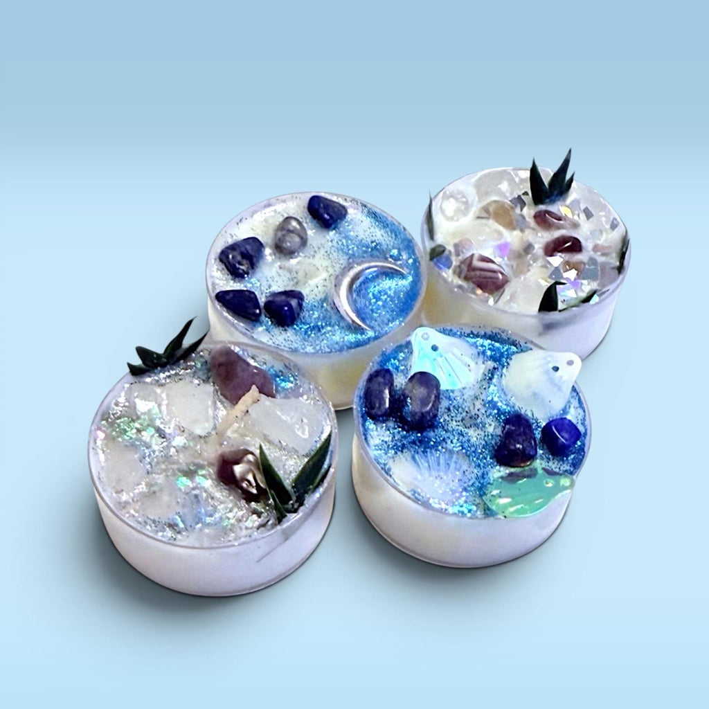beach inspired candles tea lights coastal candles ocean ritual candles self-care ritual candles grounding candles aesthetic candles for meditation relaxation journaling calming routines with selenite crystal peaceful environment cozy glow clean burning wax