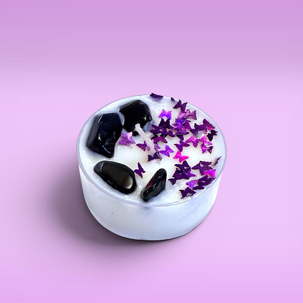 inner work candles tea lights shadow work candles spiritual cleansing candles self-care ritual candles grounding candles clean burning wax soft cozy glow calming atmosphere with selenite crystal and charm for meditation journaling relaxation emotional processing routines