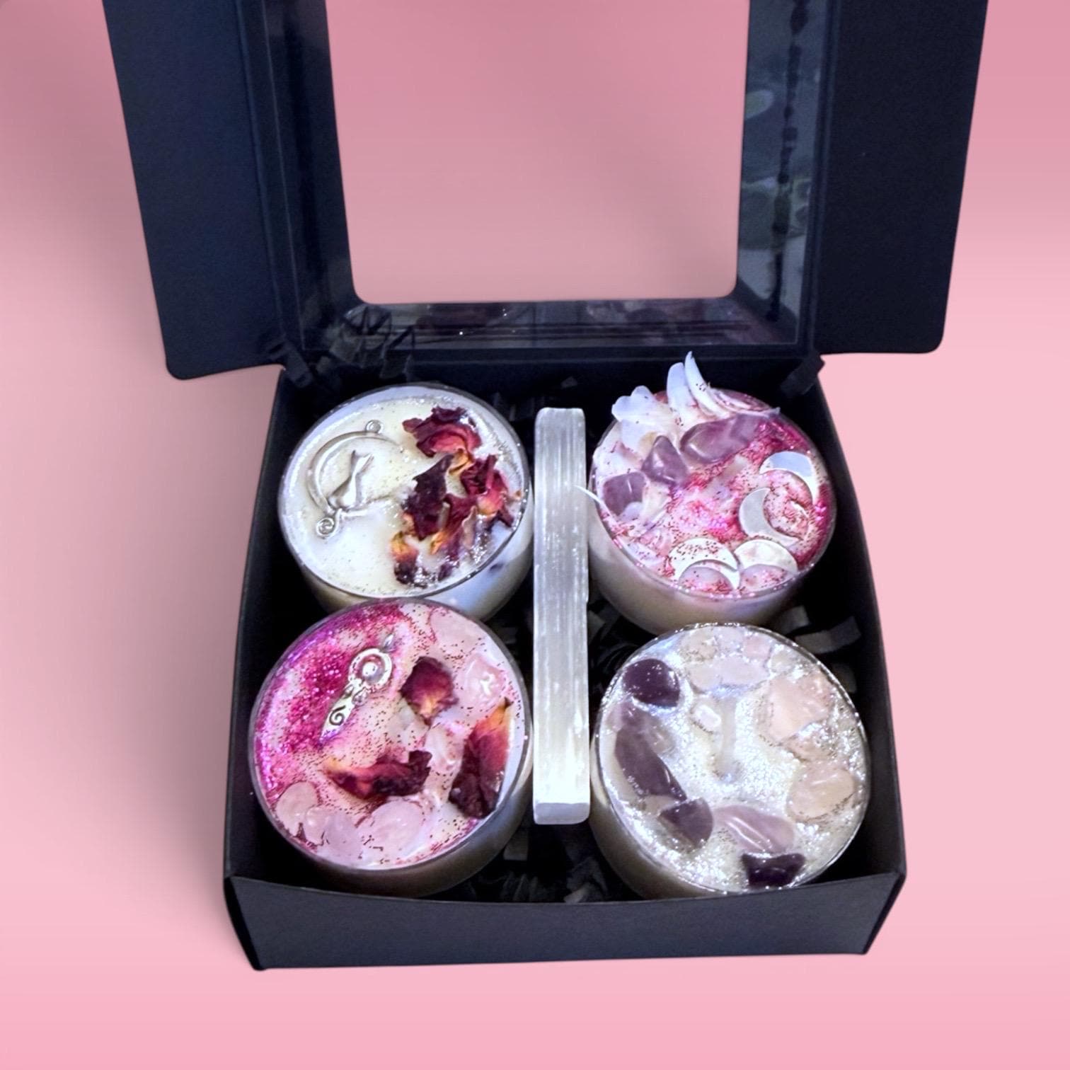 self care ritual candles tea lights divine feminine candles feminine energy candles grounding candles soft aesthetic candle set calming glow clean burn peaceful environment meditation journaling relaxation with selenite crystal spiritual home decor