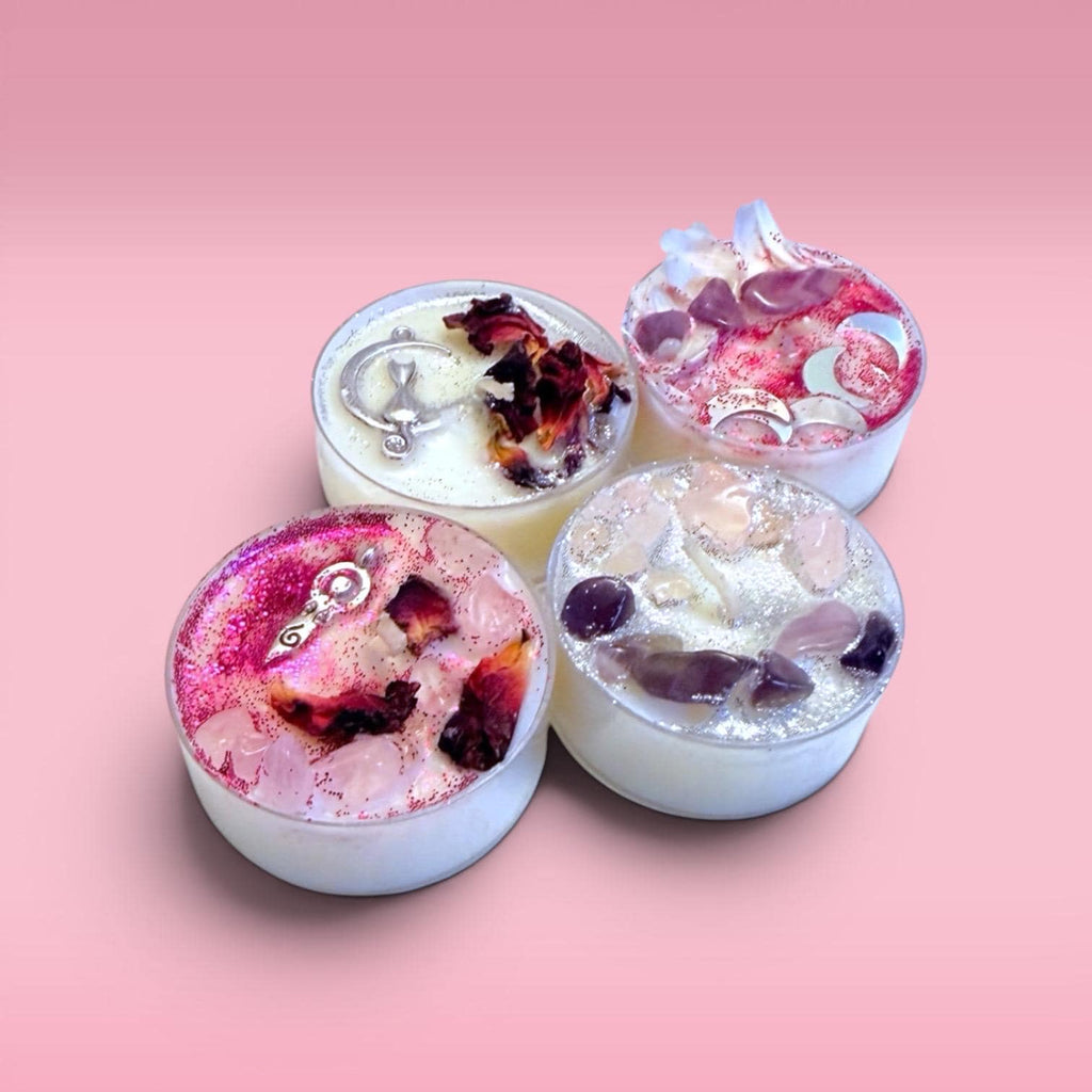 feminine energy candles tea lights divine feminine candles spiritual cleansing candles self-care ritual candles grounding candles clean burning wax soft cozy glow calming atmosphere with selenite crystal and charm for meditation journaling relaxation self-love routines