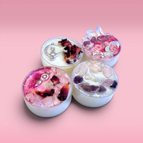 feminine energy candles tea lights divine feminine candles spiritual cleansing candles self-care ritual candles grounding candles clean burning wax soft cozy glow calming atmosphere with selenite crystal and charm for meditation journaling relaxation self-love routines