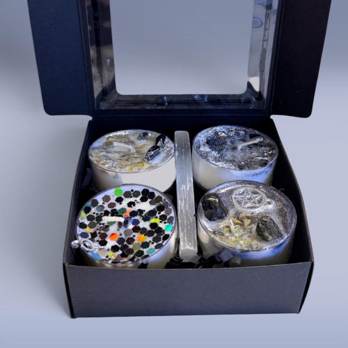 protection ritual candles tea lights energy protection candles spiritual cleansing candles self-care ritual candles grounding candles calming aesthetic tea light candles clean burning wax cozy glow calming atmosphere with selenite crystal and wearable charm for meditation journaling relaxation mindful routines