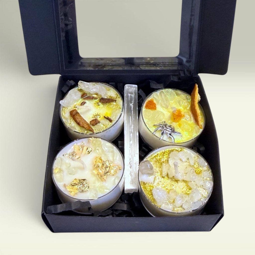 intention setting candles tea lights manifestation ritual candles spiritual cleansing candles self-care ritual candles grounding candles clean burning wax soft cozy glow calming atmosphere with selenite crystal and charm for meditation journaling visualization routines