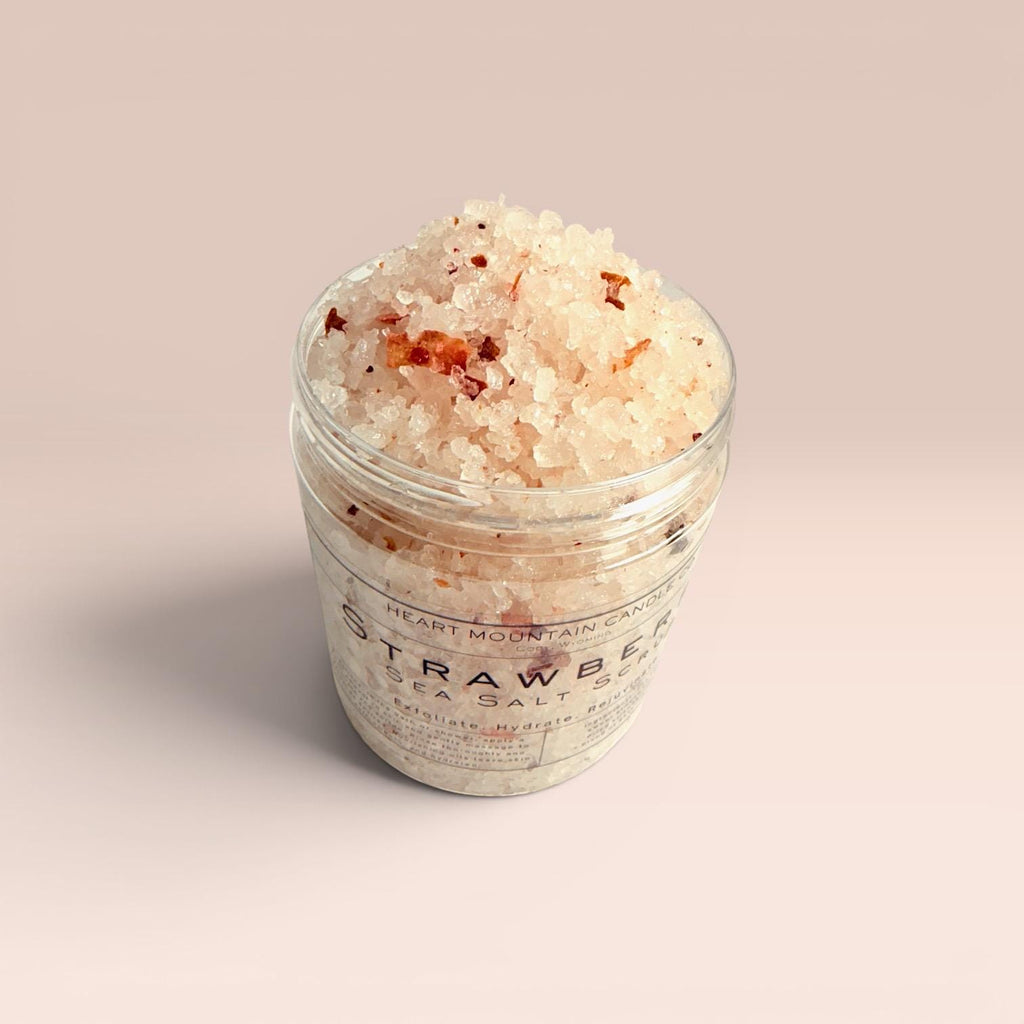 sea salt strawberry body scrub exfoliating skin smoothing body polish hydrating natural scrub self care gift spa body exfoliator glowing skin treatment nourishing almond oil coconut oil sunflower oil scrub strawberry skincare bath body routine exfoliating body treatment smooth skin results spa gift for her