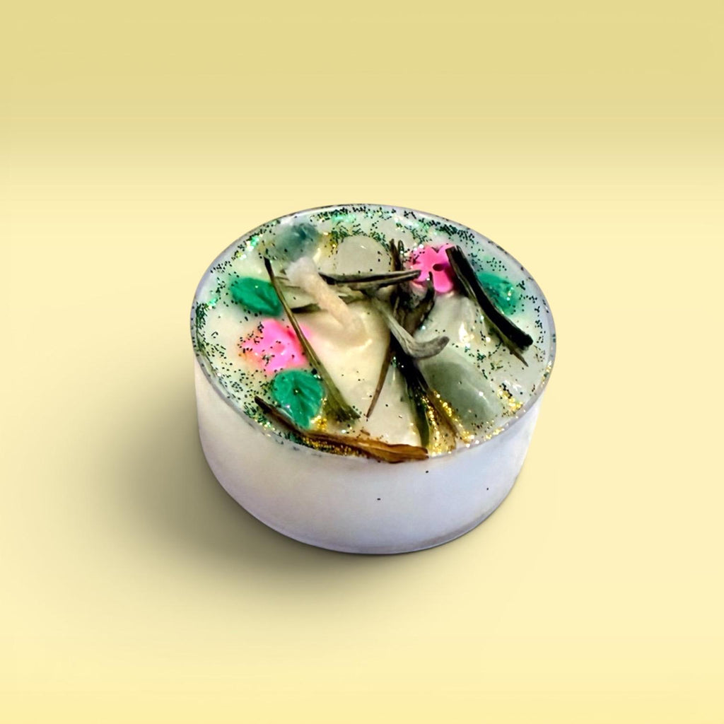 nature inspired candles tea lights herbal ritual candles green witch candles self-care ritual candles grounding candles aesthetic candles for meditation relaxation journaling calming routines with selenite crystal peaceful environment cozy glow clean burning wax