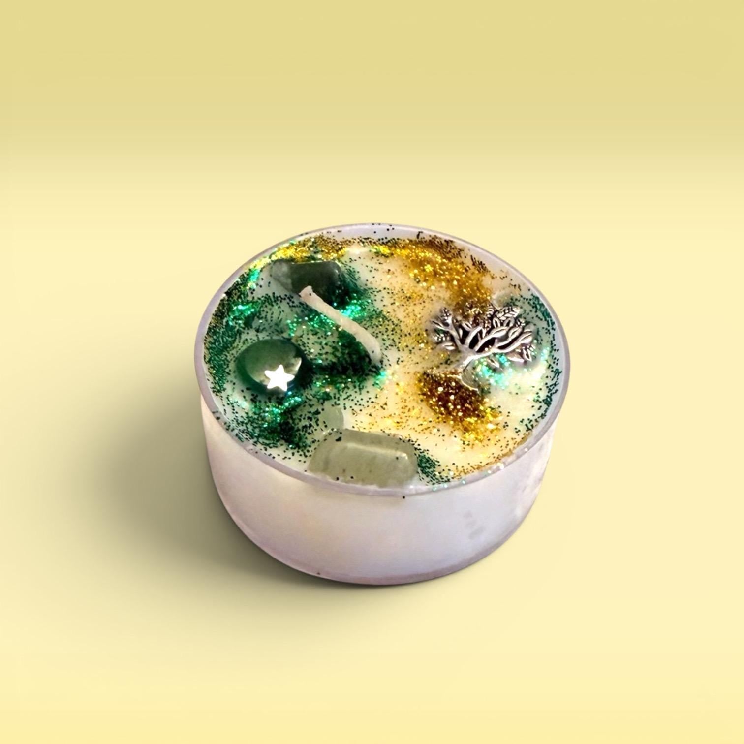 self care ritual candles tea lights herbal ritual candles green witch candles grounding candles nature aesthetic candle set calming glow clean burn peaceful environment meditation journaling relaxation with selenite crystal spiritual home decor