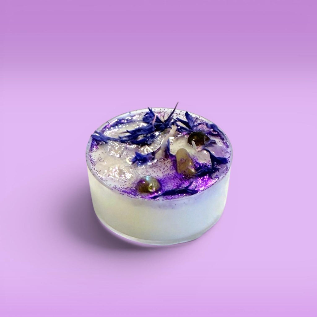 cosmic ritual candles tea lights celestial candles spiritual cleansing candles self-care ritual candles grounding candles clean burning wax soft cozy glow calming atmosphere with selenite crystal and charm for meditation journaling relaxation daily rituals peaceful decor