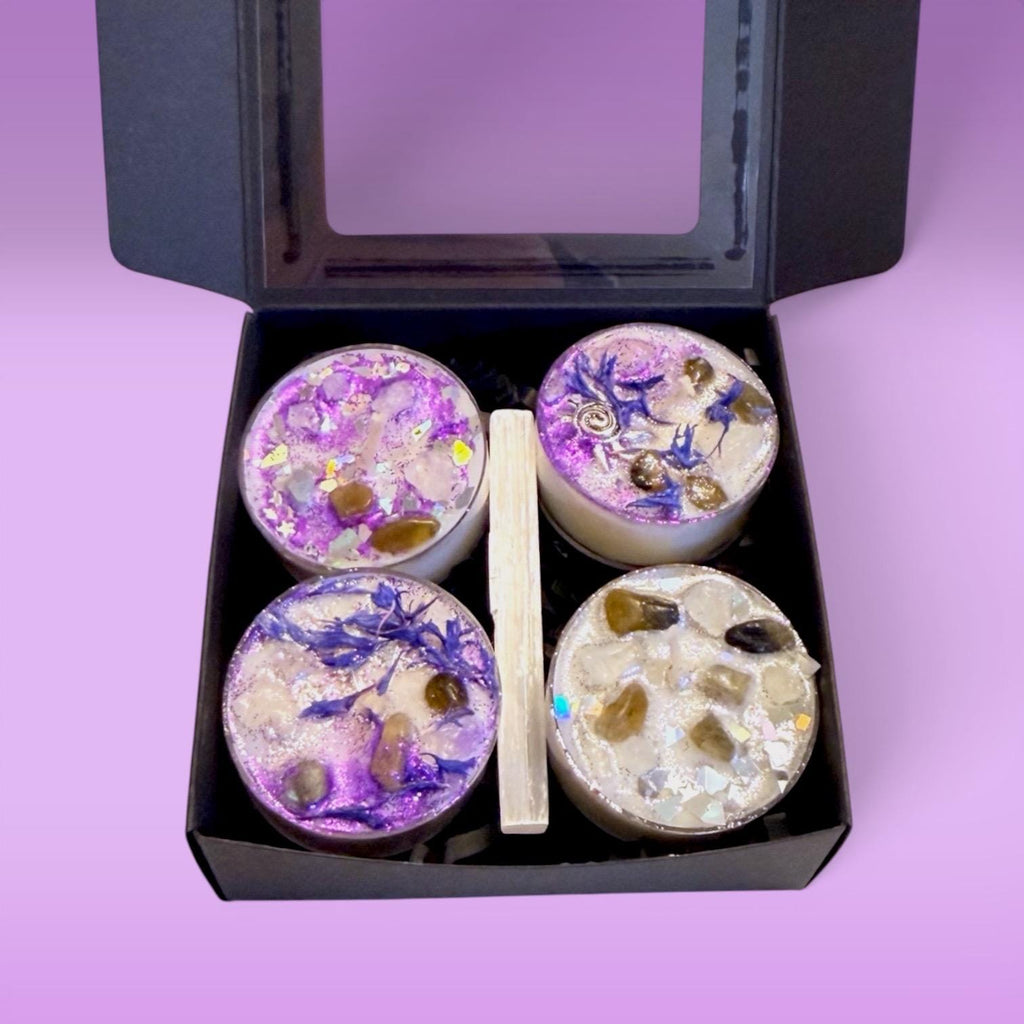 space inspired candles tea lights celestial candles cosmic ritual candles self-care ritual candles grounding candles aesthetic candles for meditation relaxation journaling calming routines with selenite crystal peaceful environment cozy glow clean burning wax