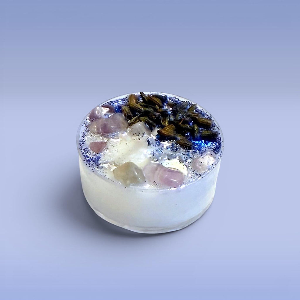 lunar ritual candles tea lights moon phase candles spiritual cleansing candles self-care ritual candles grounding candles clean burning wax soft cozy glow calming atmosphere with selenite crystal and charm for meditation journaling relaxation daily rituals peaceful decor