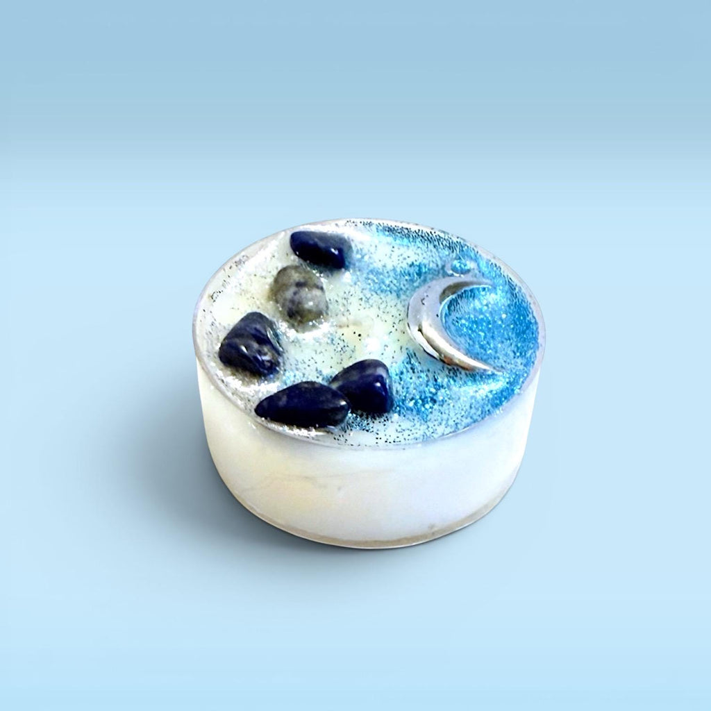 self care ritual candles tea lights coastal candles ocean ritual candles grounding candles beach aesthetic candle set calming glow clean burn peaceful environment meditation journaling relaxation with selenite crystal spiritual home decor