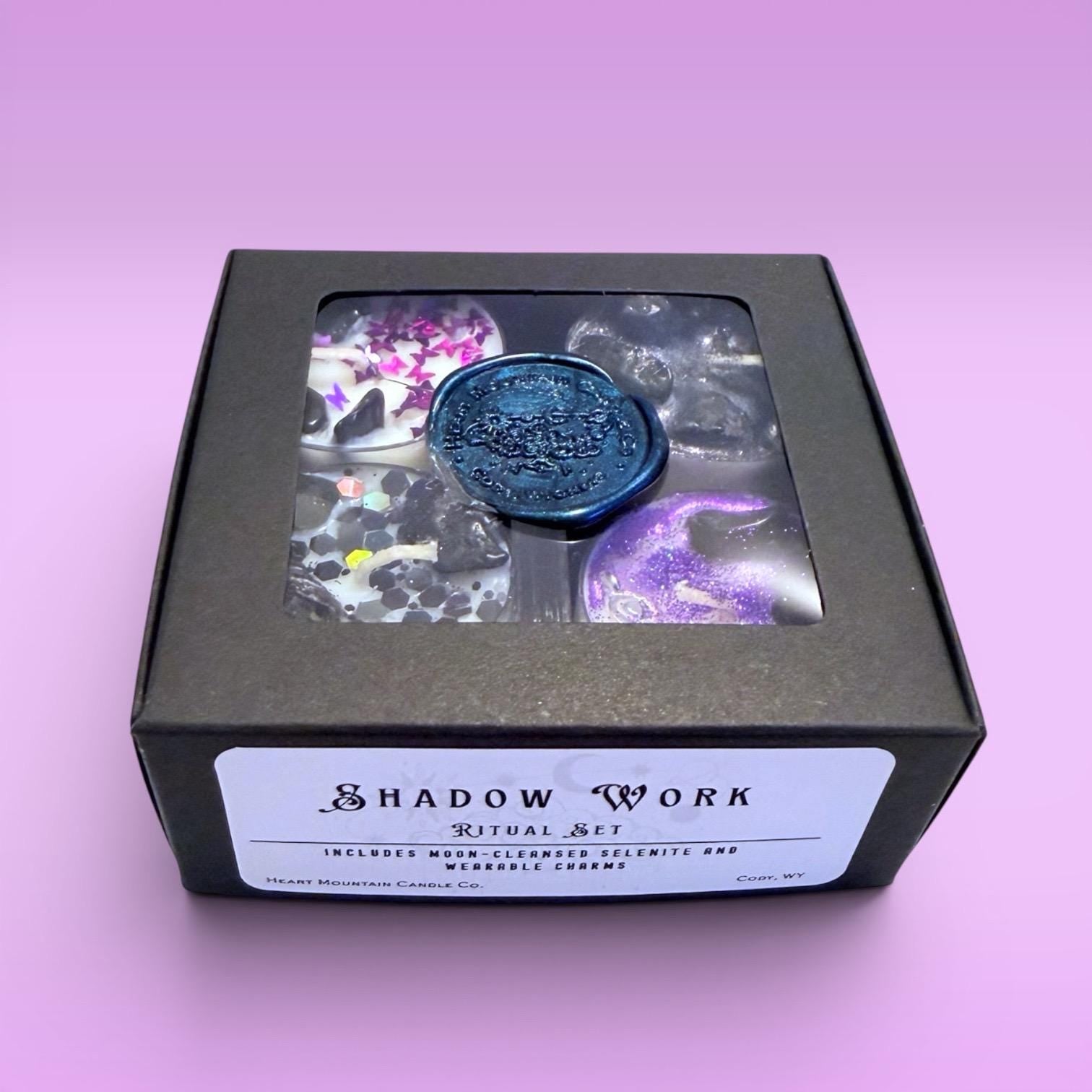 shadow work candles tea lights inner work candles spiritual cleansing candles self-care ritual candles grounding candles deep tone aesthetic tea light candles clean burning wax cozy glow calming atmosphere with selenite crystal and wearable charm for journaling reflection relaxation mindful rituals