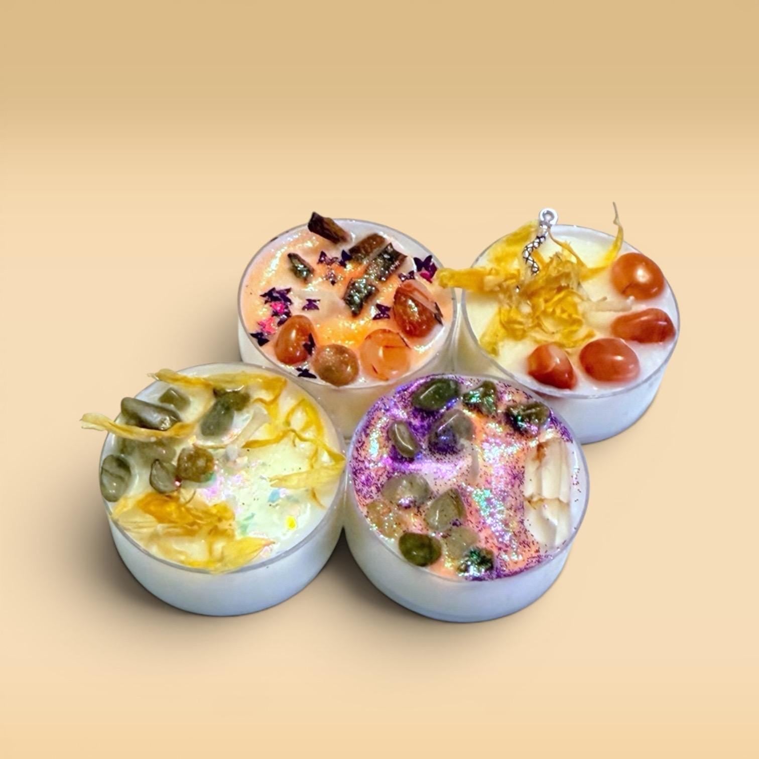 transformation ritual candles tea lights spiritual cleansing candles self-care ritual candles grounding candles renewal aesthetic tea light candles clean burning wax cozy glow calming atmosphere with selenite crystal and wearable charm for journaling reflection personal growth routines