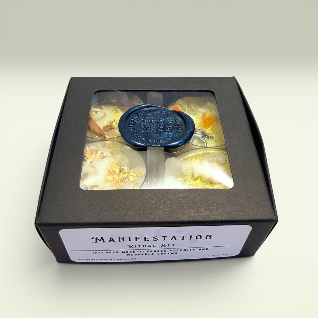 manifestation ritual candles tea lights intention setting candles spiritual cleansing candles self-care ritual candles grounding candles aesthetic tea light candles clean burning wax cozy glow calming atmosphere with selenite crystal and wearable charm for journaling visualization reflection routines