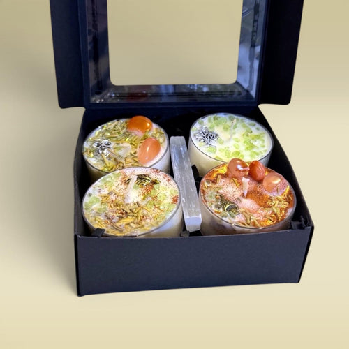 self care ritual candles tea lights spiritual cleansing candles energy cleansing candles grounding candles forest inspired aesthetic candle set calming glow clean burn peaceful environment meditation journaling relaxation spiritual home decor